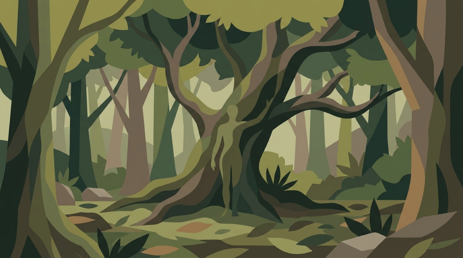 Dense forest illustration with a human silhouette cleverly hidden among the trees